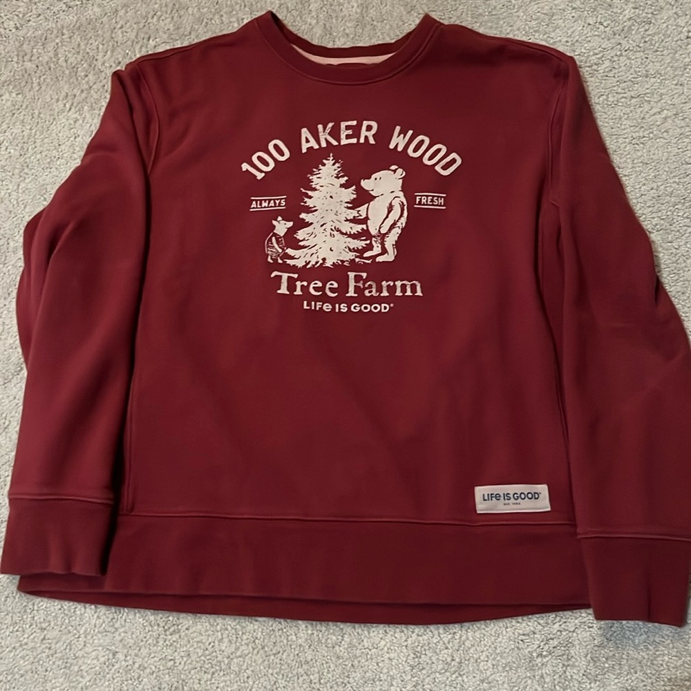 Life is Good Winnie the Pooh tree farm sweatshirt. Women’s size large, color red